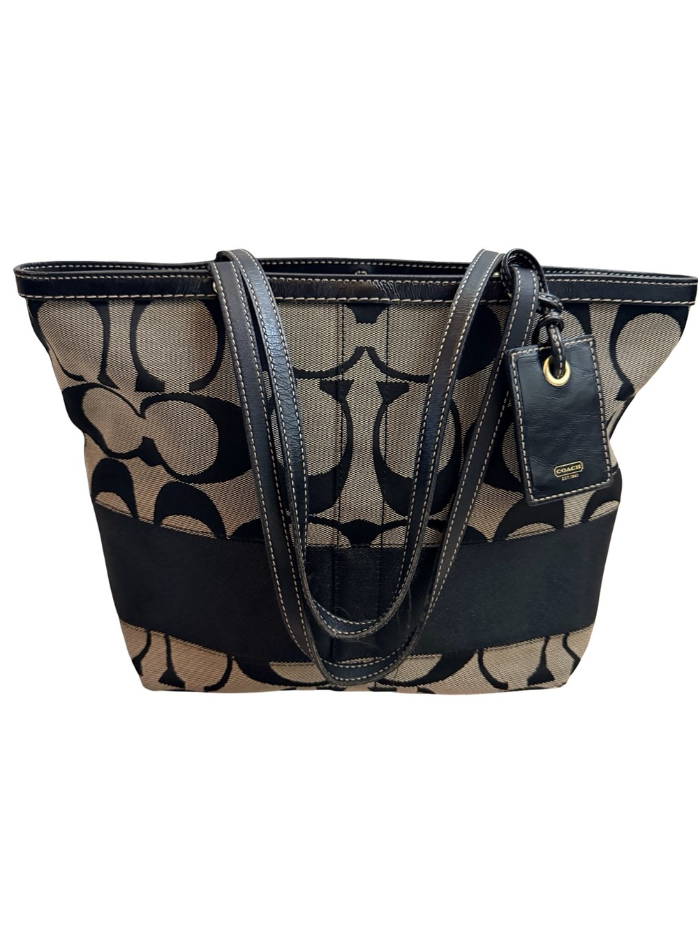 Coach Black & Beige Signature Canvas Tote with Leather Trim